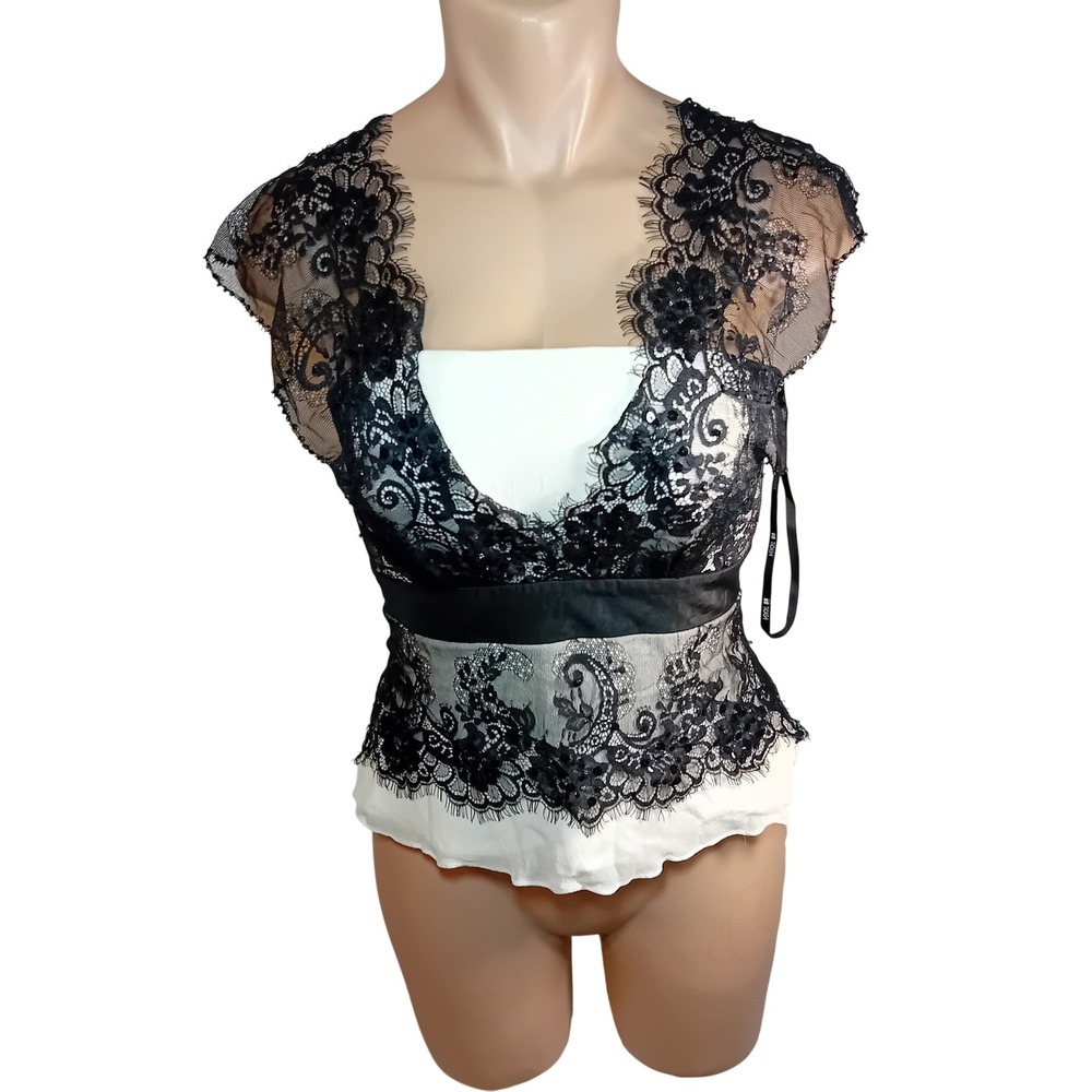 Vintage Y2K 90s Tadashi Silk Black Lace Corset Bustier Top Off Shoulders Glam 6‎